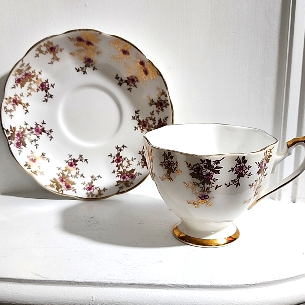 Scalloped Footed Teacup & Saucer Gold Purple Flowers Fine Bone China England